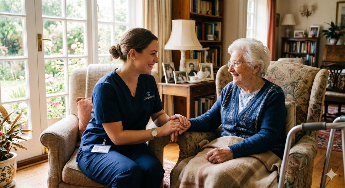A caregiver supporting an older adult at home